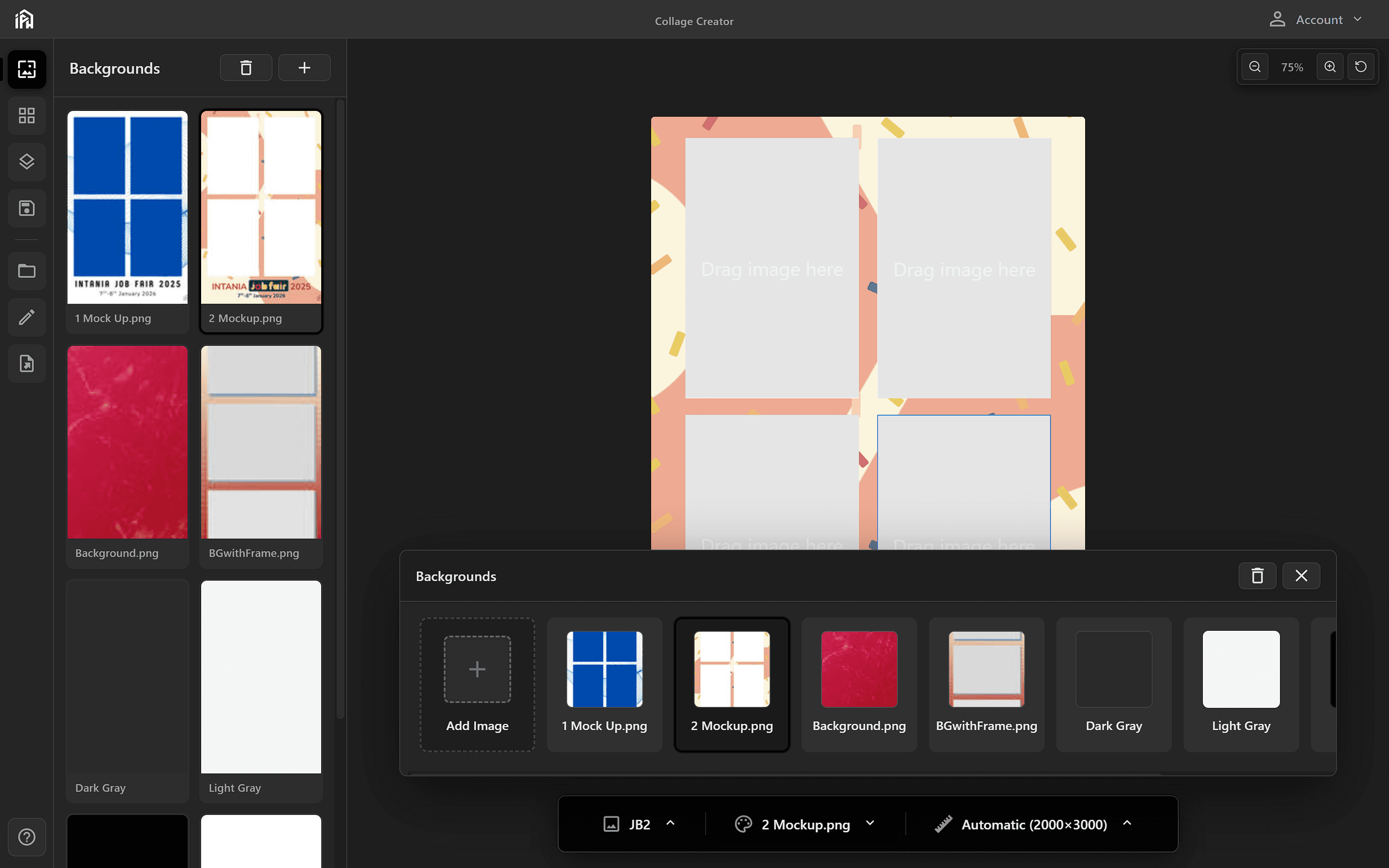 Background section showing preview area with add image button and controls