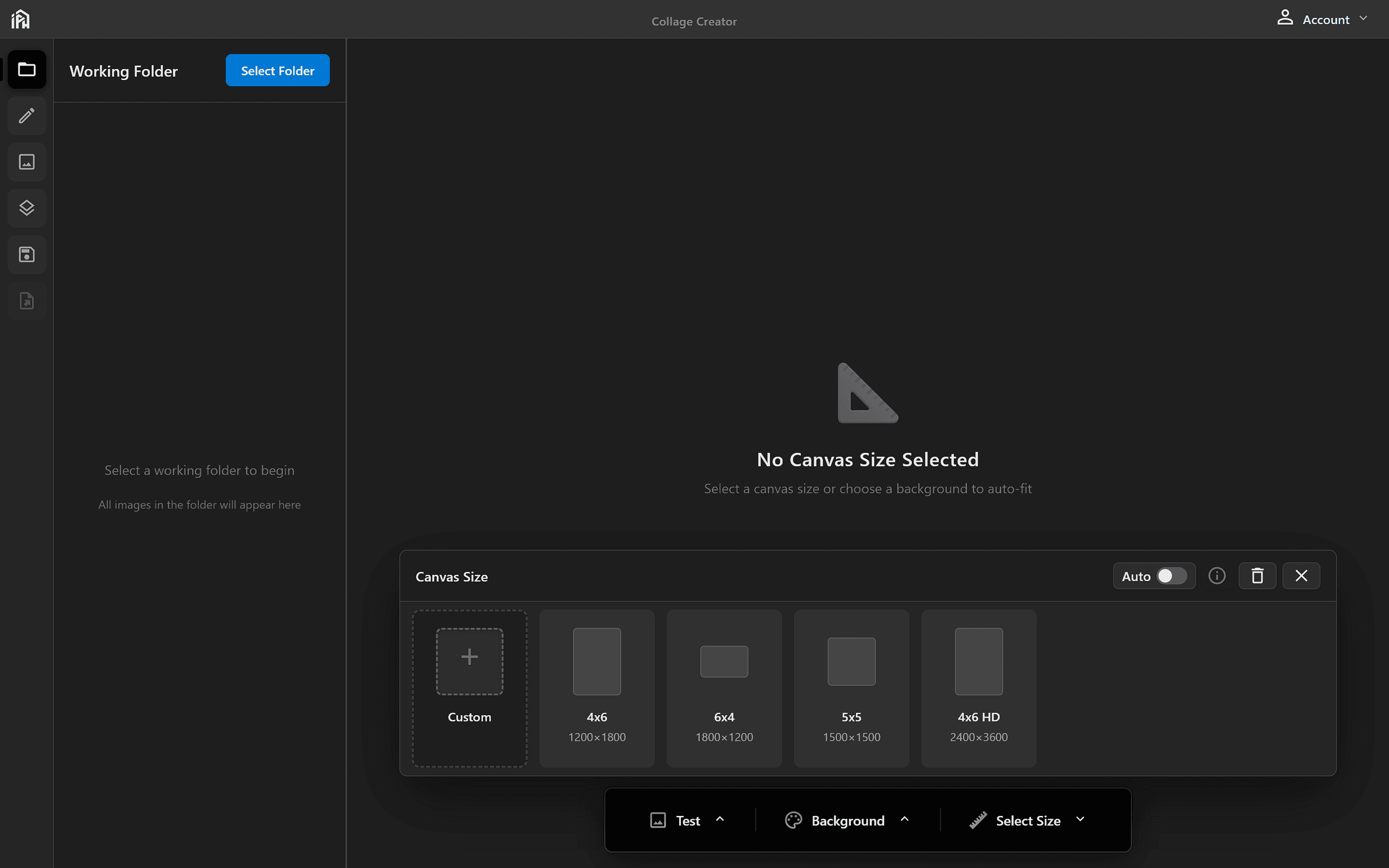 Canvas size picker showing preset sizes