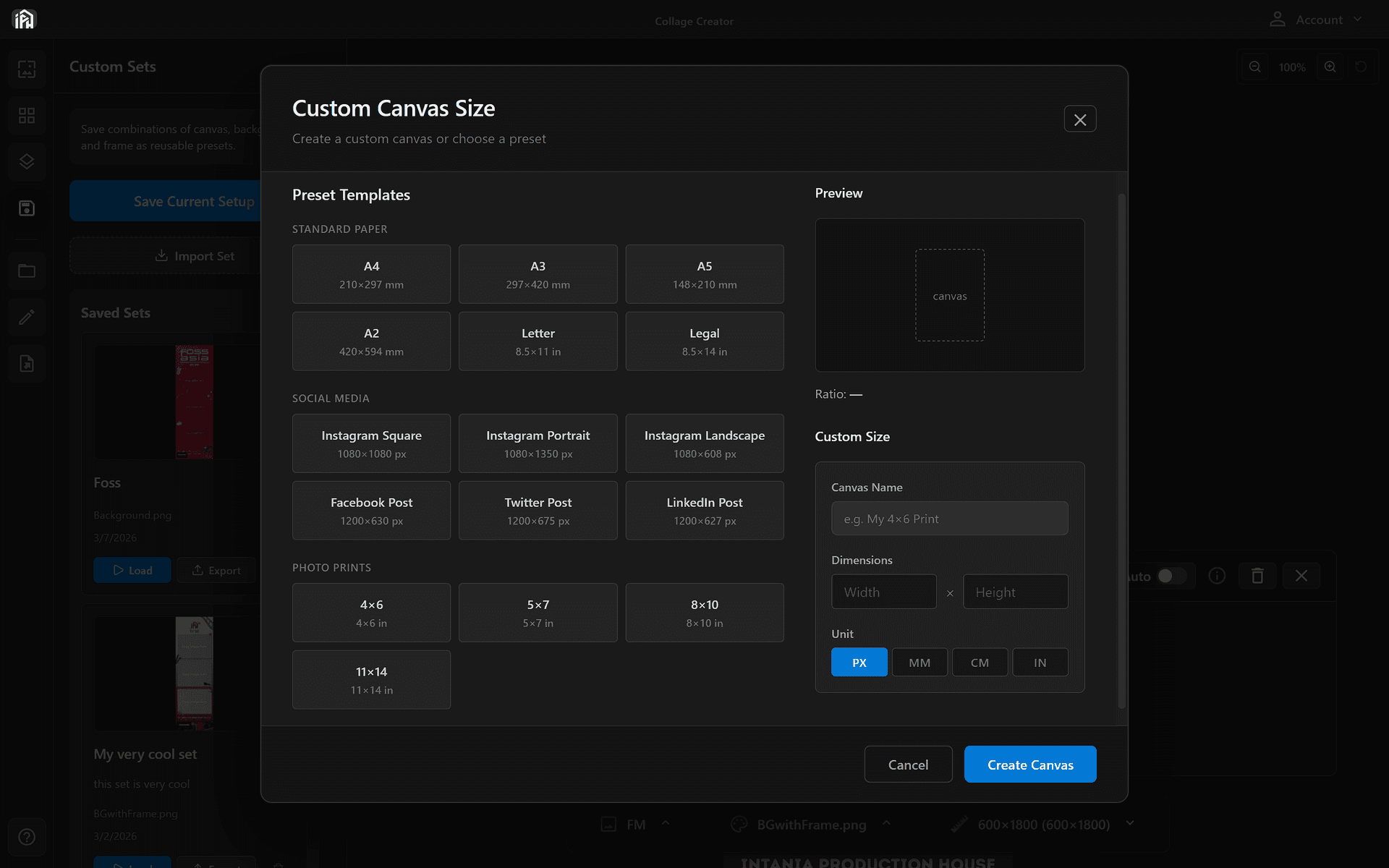 Custom Canvas Size dialog