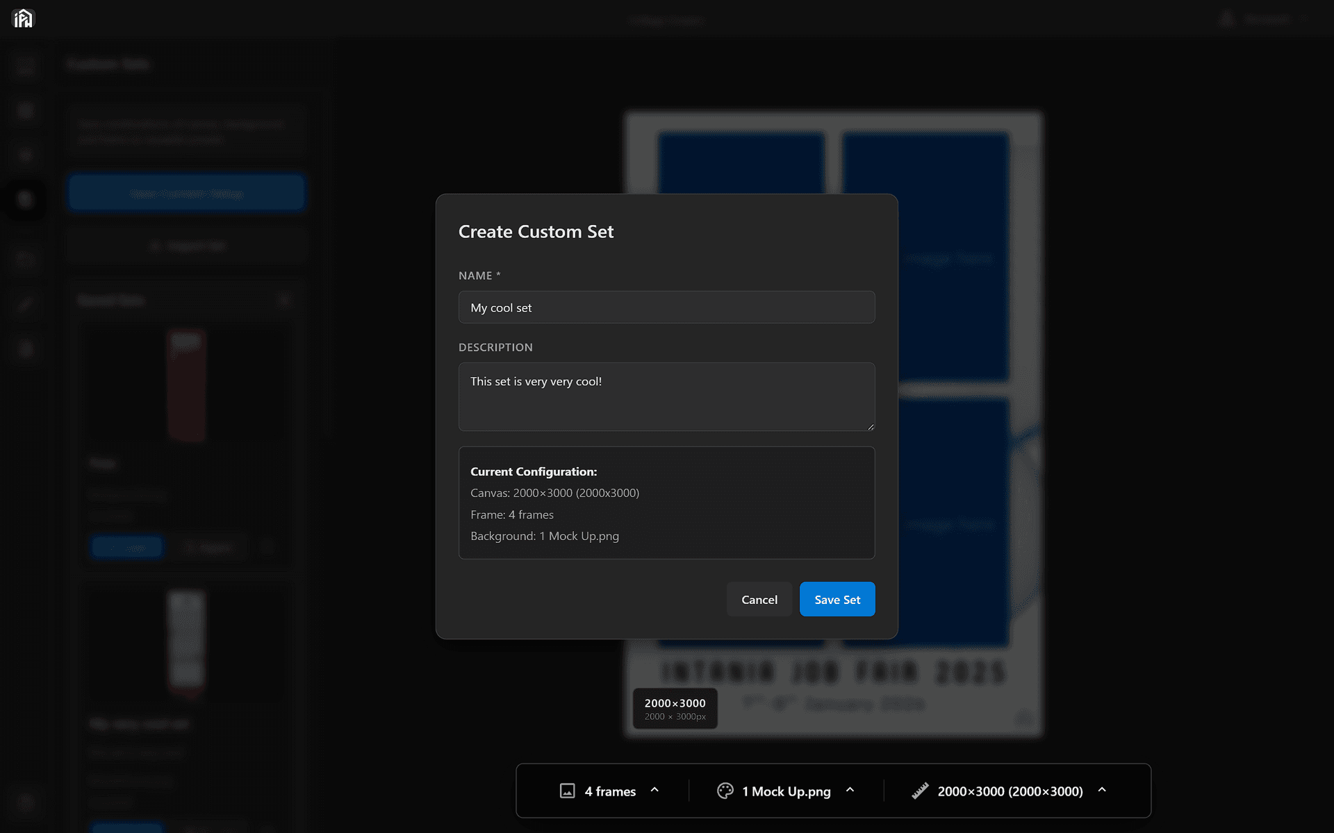 Create Custom Set modal showing Name and Description fields alongside a Current Configuration summary