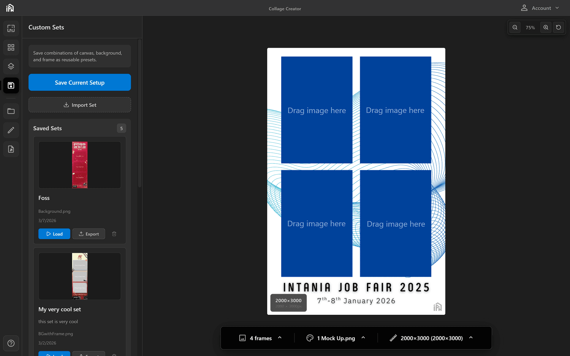 Custom Sets panel showing saved sets with thumbnails, Load and Delete buttons