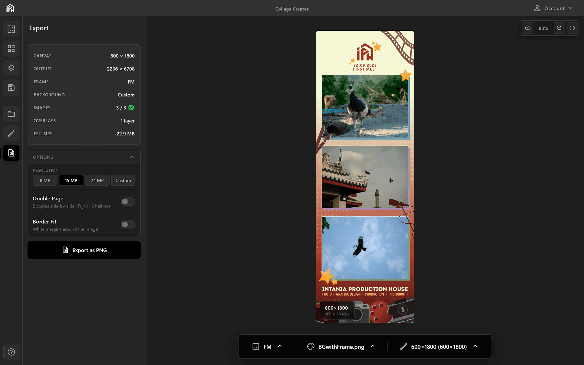 Export panel showing canvas dimensions and Export as PNG button