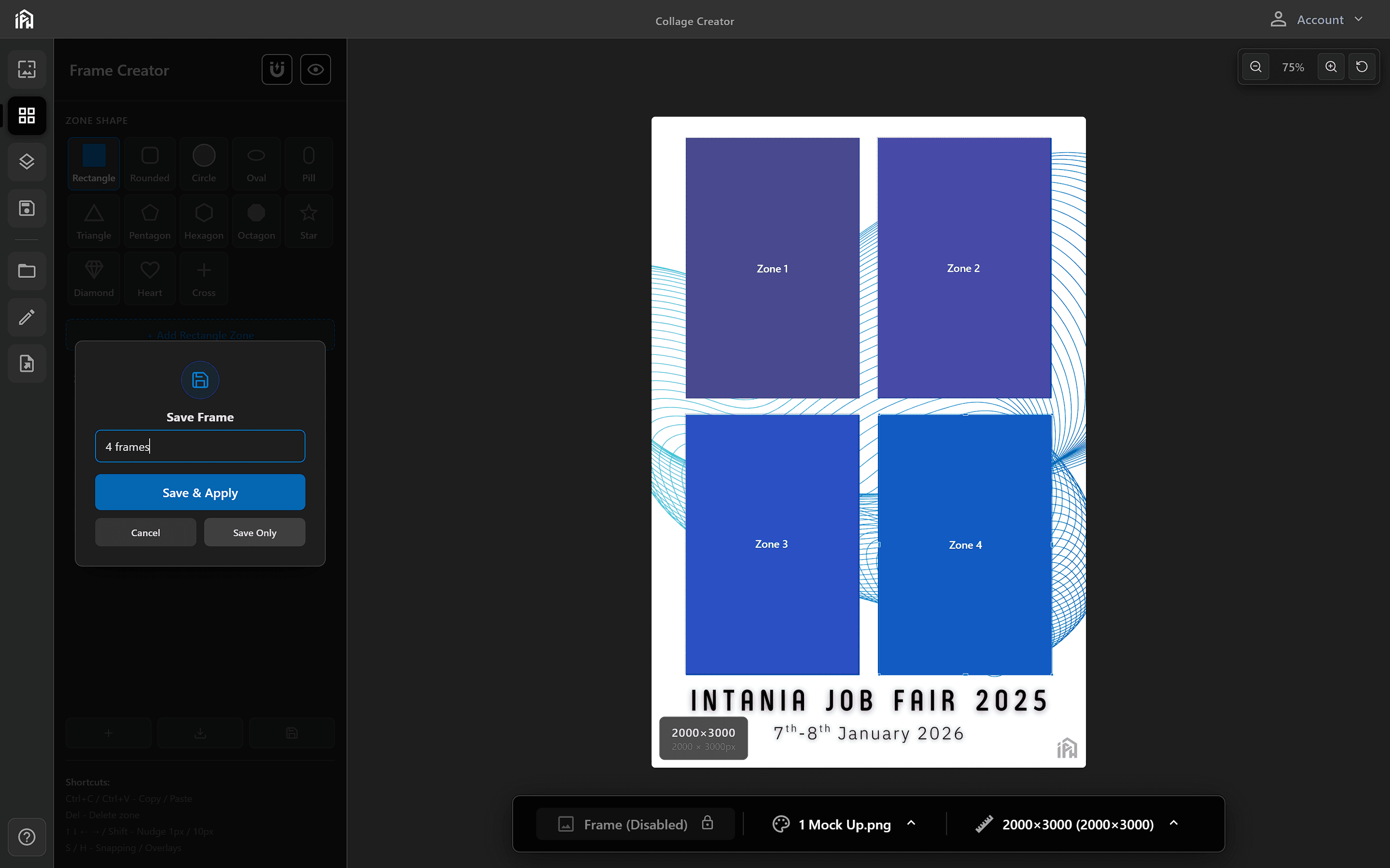 Save Frame modal showing Save, Save & Apply, and Cancel options