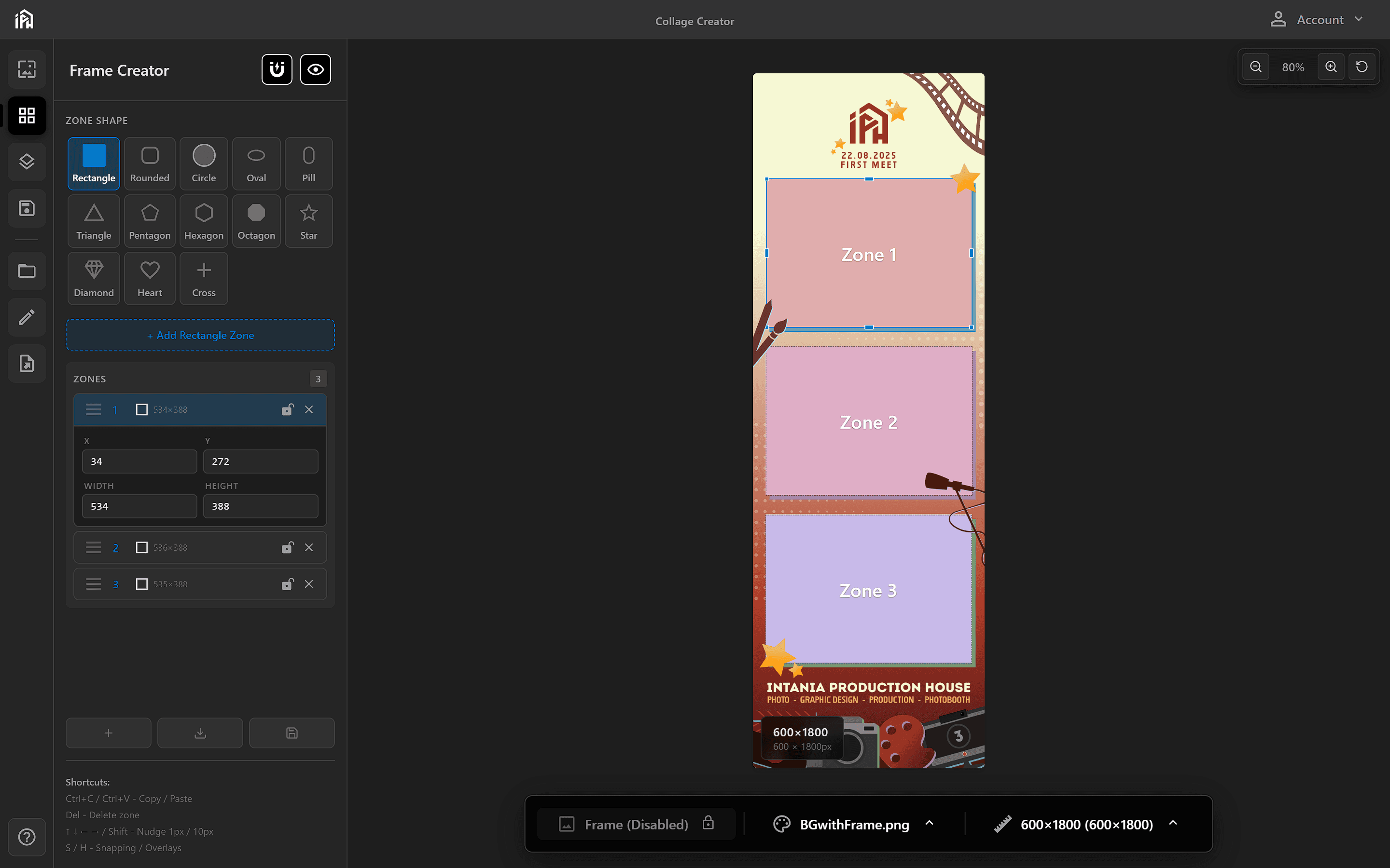 Frame Creator interface showing shape selection panel, frame preview, and dimension controls