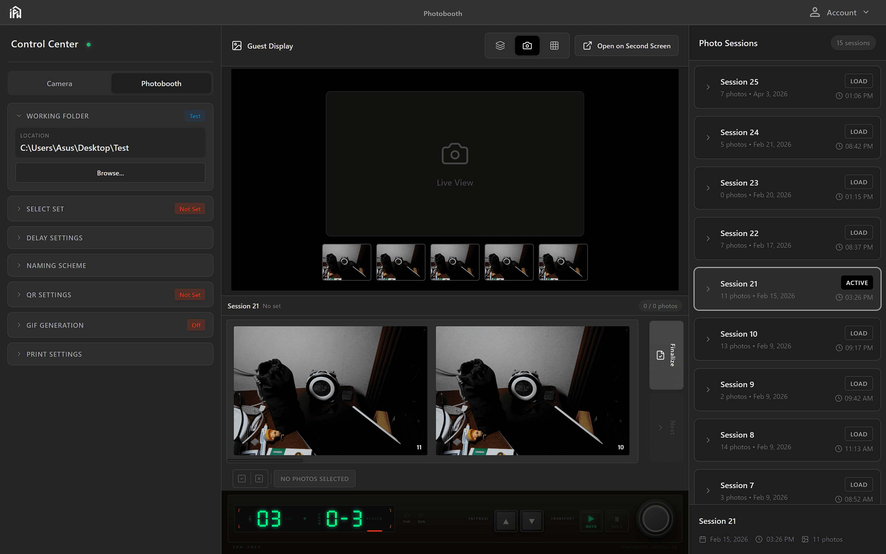 Photobooth settings panel