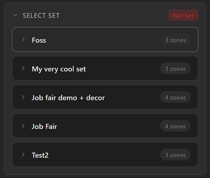 Select Set panel showing saved sets