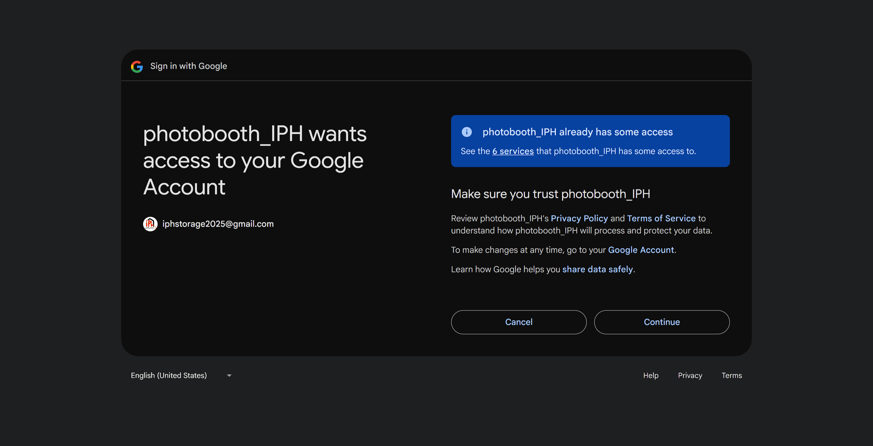 Google permissions dialog for photobooth_IPH requesting access to Google Account